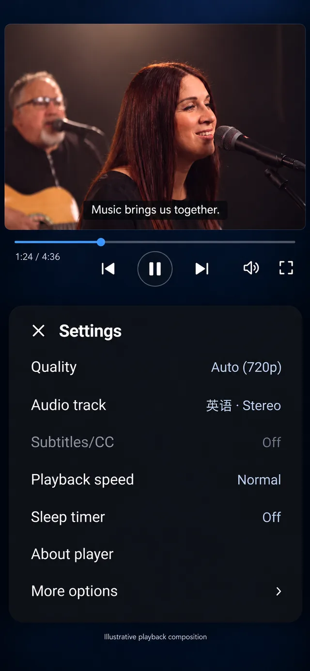Hình minh họa phát lại Android sử dụng cài đặt hiện tại, được ghi lại với khung hình video bổ sung và phụ đề mẫu.