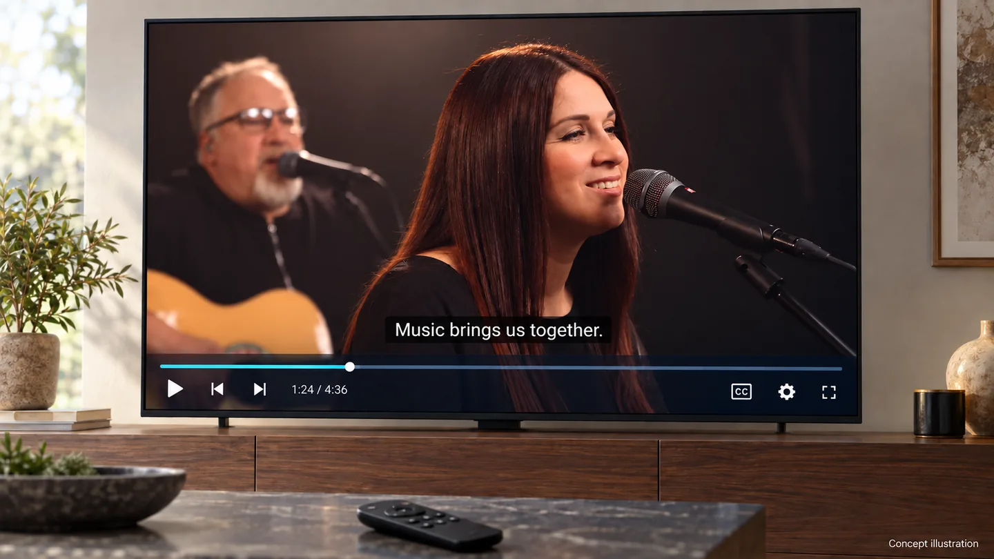 Hình minh họa concept Android TV thể hiện khả năng phát video có phụ đề.